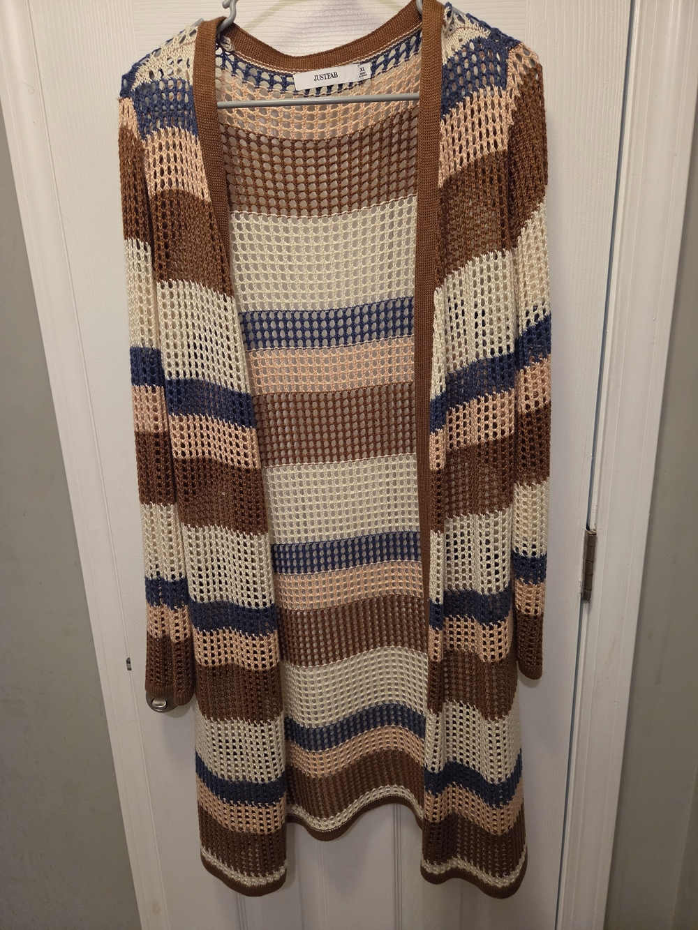 Fashion Nova Open-Knit Striped Longline Cardigan in Cream, Brown & Blue
